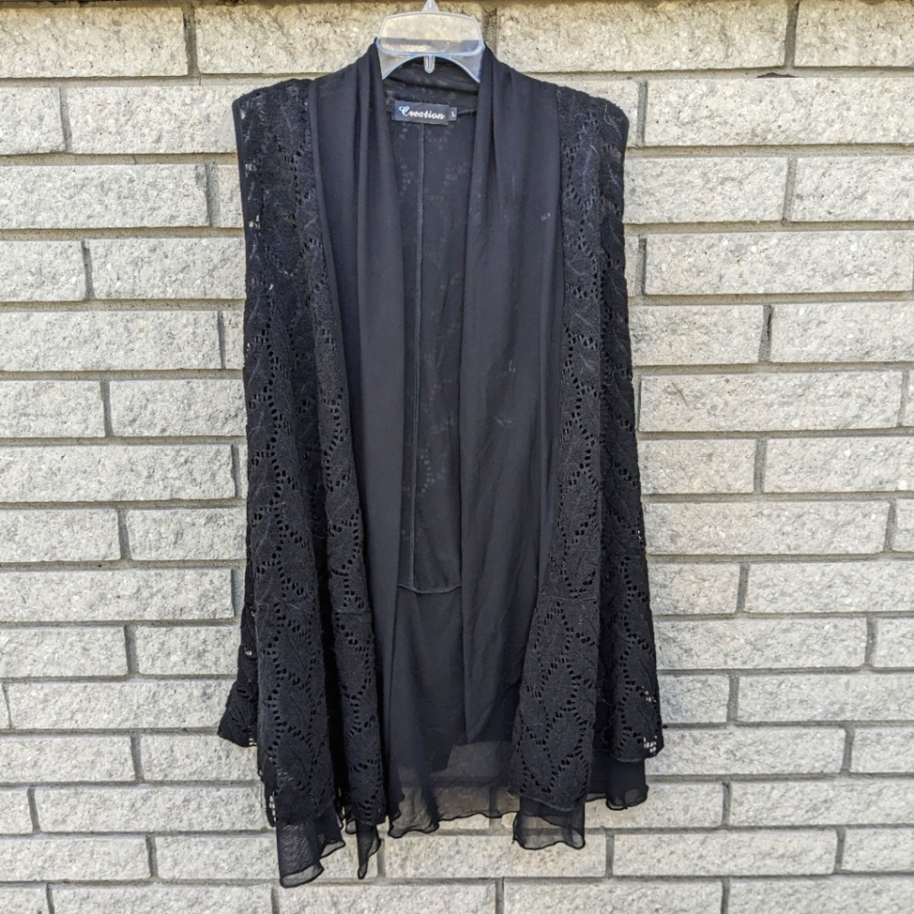 Vest Top Layer Crochet Lace Black Over Drape By Creation Size Large Chiffon EUC